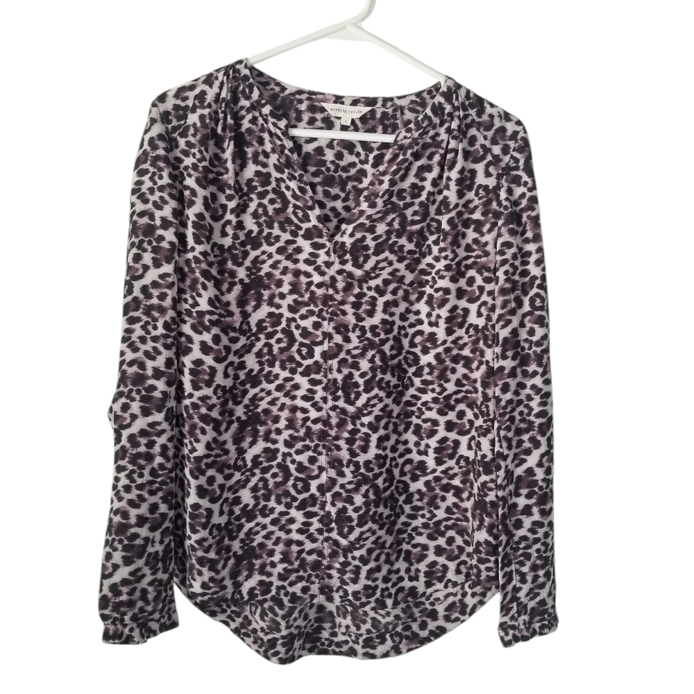 Rebecca Taylor 100% Silk Purple Cheetah Print Long Sleeve Blouse Size 6